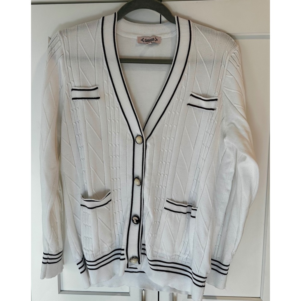 Nanette Lepore White Cable Knit Cardigan Blue Striped Trim Preppy V-Neck Large